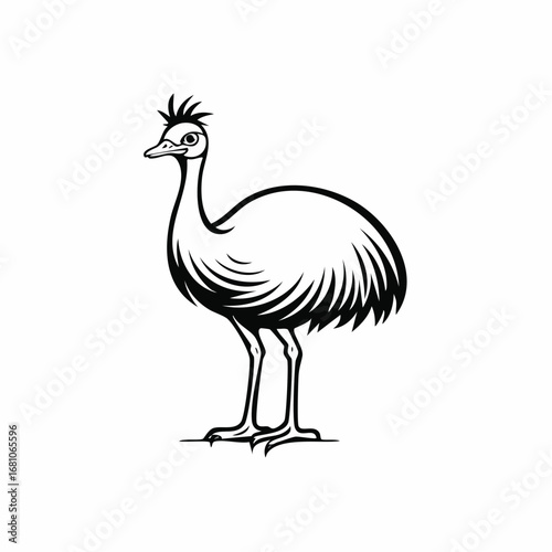 Emu bird simple black line art image, Black bold outline vector icon, Bird vector illustration