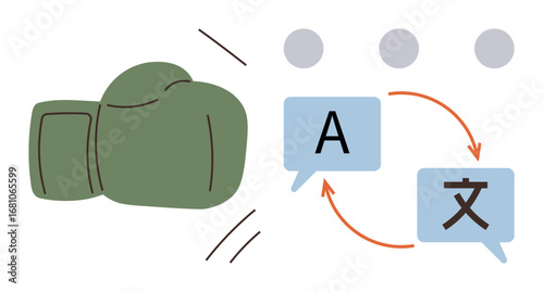 Boxing glove striking near two speech bubbles with arrows symbolizing translation between languages. Ideal for communication, language learning, international exchange, conflict resolution, cultural