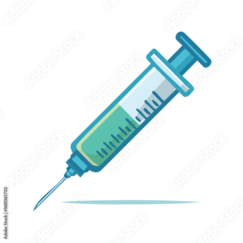 Stylized medical syringe icon with green vaccine liquid, representing immunization, healthcare procedures, and scientific research
