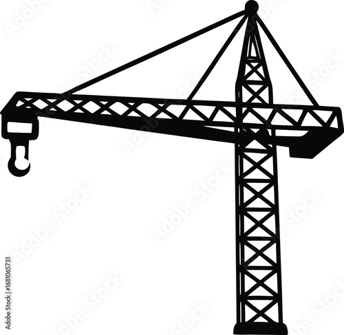 Silhouette of a construction crane lifting a steel beam against a simple background