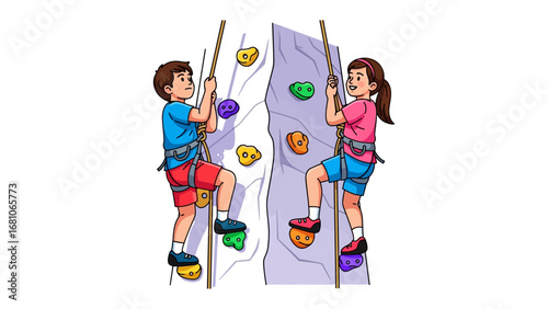 Scaling Heights: Young climbers conquer a vertical challenge, showcasing determination and teamwork with colorful holds.
