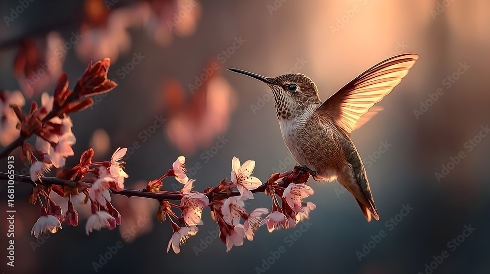 Fototapeta premium A small hummingbird with outstretched wings perches delicately on a flowe branch at golden hour light.