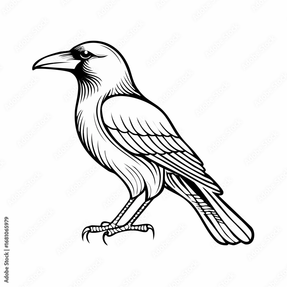 Naklejka premium Crow bird simple black line art image, Black bold outline vector icon, Bird vector illustration