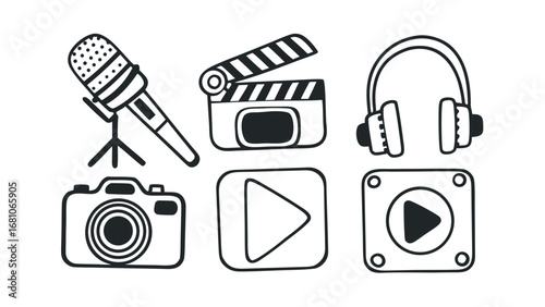 Creative media icons capture filming, audio, and playback for content creation