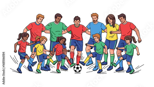 Teamwork in Motion: a vibrant illustration captures the excitement of a soccer game, with players of diverse ages and backgrounds uniting in dynamic poses to celebrate the beautiful game. 