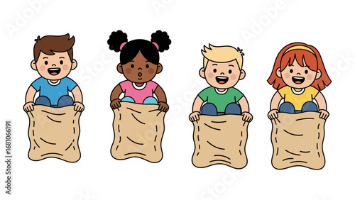 Sack Race Fun: Four children of diverse backgrounds are engaged in a sack race, showcasing the spirit of childhood, fun, competition, and outdoor play.