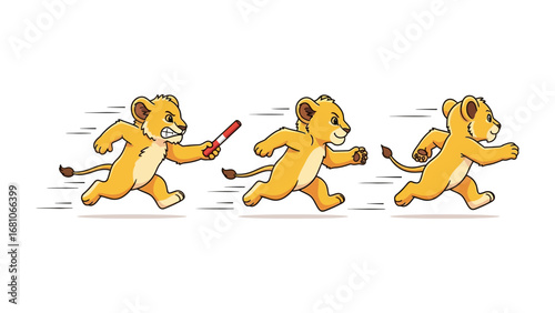 Lion Cub Relay: A dynamic cartoon depicts three young lion cubs engaged in a relay race, highlighting teamwork, speed, and the spirit of competition.