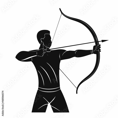 One archer aiming a bow black silhouette vector with white background