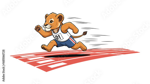 Lion Cub Sprinting to Victory: A determined lion cub, brimming with youthful vigor, races along a track, showcasing both agility and the thrill of competitive spirit, illustrated