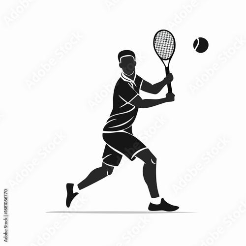 One tennis player hitting a serve black silhouette vector with white background