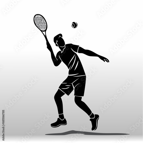 One tennis player hitting a serve black silhouette vector with white background