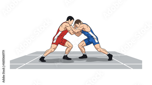 Wrestling Match: Two wrestlers engage in a dynamic grapple, showcasing strength, technique, and competitive spirit in this illustration of sport.