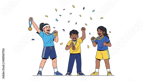 Triumphant Victory:  A group of young athletes radiates elation as they are celebrated for their success, the animated scene capturing a moment of pure triumph and glory.