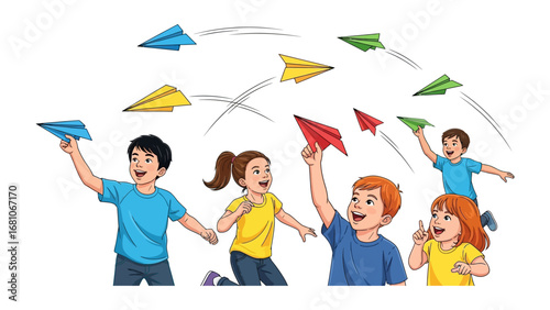 Childhood Aerodynamics: A whimsical illustration captures a group of children in a vibrant outdoor scene, launching colorful paper airplanes. The image conveys joy, freedom.