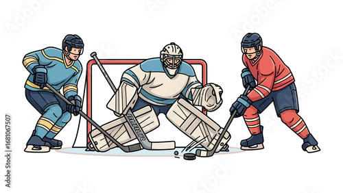 Hockey Game in Action: Two players and a goalie in a graphic action scene.