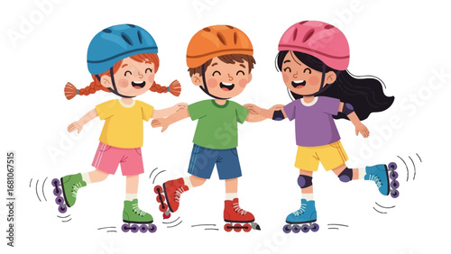 Skating Trio's Day of Fun: Three cheerful children, dressed in helmets and roller skates, glide smoothly across the pavement, a testament to friendship and outdoor enjoyment.