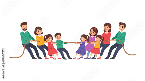 Tug of War: A dynamic group of children and adults engage in a spirited game of tug-of-war, the vibrant colors highlighting the energy and teamwork involved.