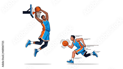 High-Flying Dynamics: A dynamic illustration showcases the essence of basketball with an athletic figure soaring through the air for a slam dunk.