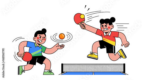 Dynamic Ping Pong Duel: An energetic illustration captures a heated match between two opponents. They're engaged in a fast-paced exchange with bold lines and vibrant colors. 