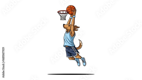 Dunking Dog's Goal: A canine athlete fearlessly soars through the air, executing a perfect slam dunk with a basketball, epitomizing athleticism and the thrill of the game.