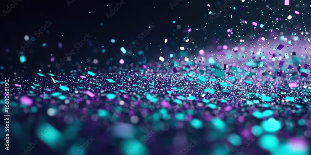 Fototapeta premium Teal and Purple Confetti and Glitter Falling on a Dark Surface abstract