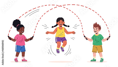 Joyful Jumpers: Illustrative image showcasing children happily engaged in jump rope activity.  A burst of energy and youthful fun captured.