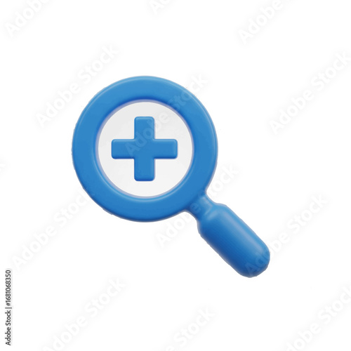 Zoom In: A 3D render of a vibrant blue magnifying glass, emblazoned with a white plus sign, elegantly floats against a seamless backdrop, perfect for illustrating concepts of enhancement and detail.