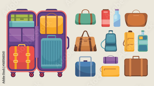 A colorful illustration showcasing an open suitcase filled with luggage and various styles of bags nearby