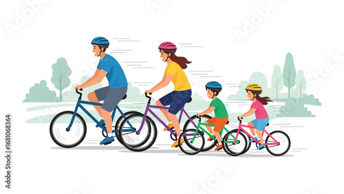 Family Cycling Adventure: A family of four enjoys a sunny day out, riding their bicycles in a picturesque outdoor setting, creating lasting memories together.