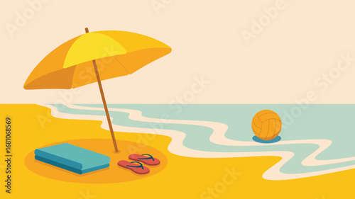A beach scene with a yellow umbrella, blue towel, flip flops and a ball floating in the ocean water