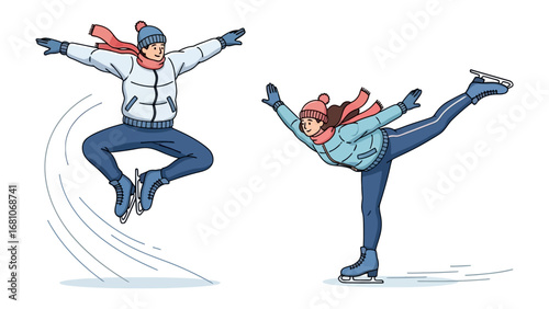 Ice Skating: Two dynamic figures glide effortlessly on the ice, showcasing graceful jumps and elegant poses in a display of winter sports excellence and artistry.