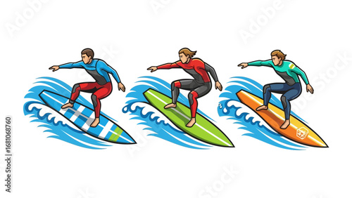 Surf's Up: Illustrated depiction of three surfers gliding across waves, embodying the thrill of the sport with vibrant energy and movement.