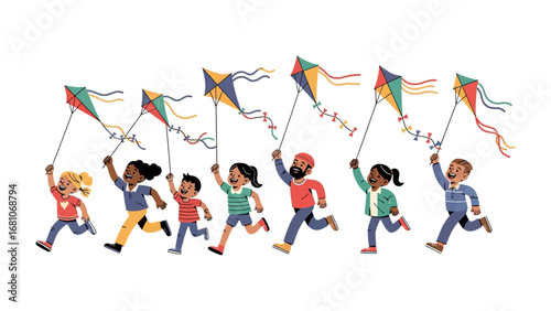 Kite Festival: A group of children from diverse backgrounds joyfully runs across a bright, sunny field, their colorful kites dancing in the wind.
