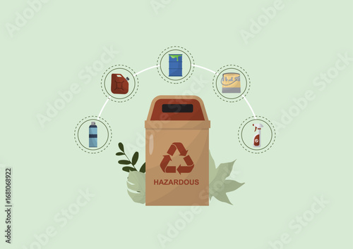 Hazardous Waste Recycling Process. Hazardous waste recycling bin wth toxic materials. Biohazard waste storage container. Flat style. Waste management concept. Hazardous waste. Vector illustration