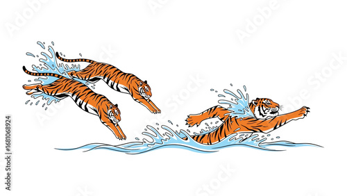 Tigers in Action: Illustration captures a majestic tiger's agility, gracefully leaping through water in a burst of energy and motion. 