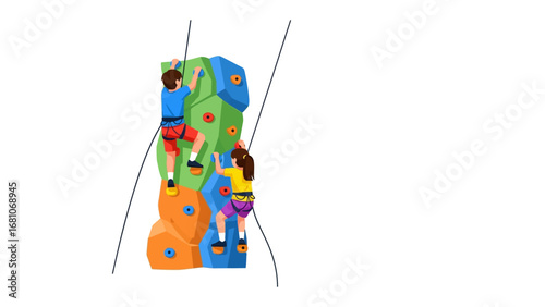 Climbing Wall Challenge: Two adventurers fearlessly tackle a colorful climbing wall, scaling its heights with determination, showcasing the thrill and challenge of vertical ascent.