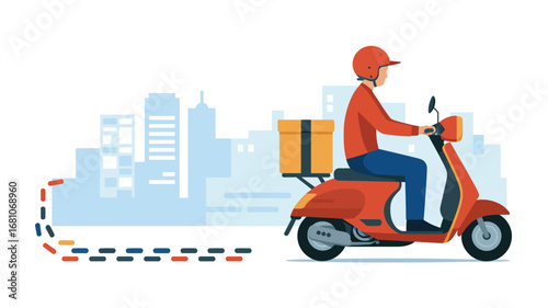 Delivery man on scooter with package in city background illustration vector art design concept image