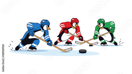 Penguin Hockey Match: Animated penguins engage in an intense hockey match, wearing colorful uniforms and poised with their sticks over the puck, creating a fun and dynamic scene.