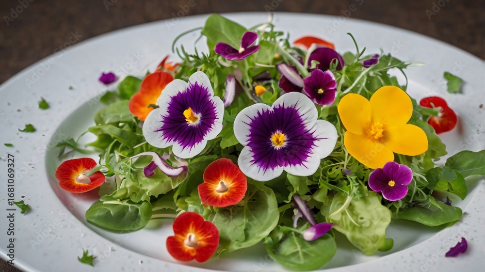 Obraz premium Vegan Salad with Edible Flowers on White Plate