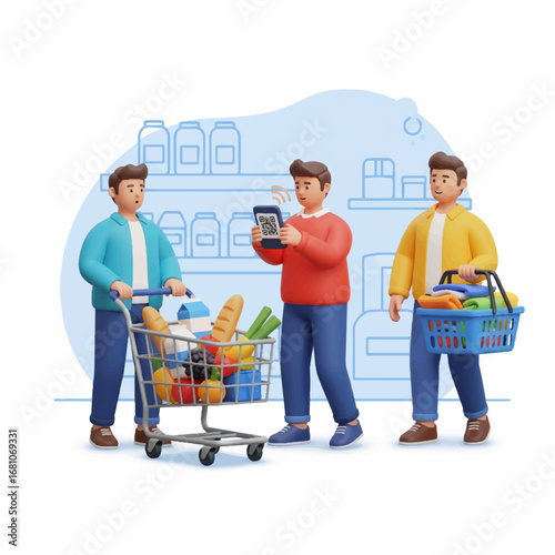 Modern Grocery Shopping: A contemporary illustration depicting a trio of individuals navigating a supermarket. One person pulls a loaded cart, another scans a QR code on a smartphone.