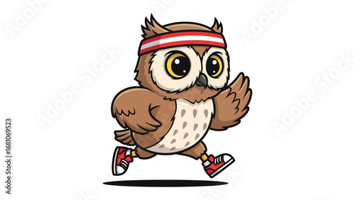 Owl's Fitness Journey: A vibrant cartoon of an owl running, adorned with a headband and sneakers, embodying energy and active lifestyle