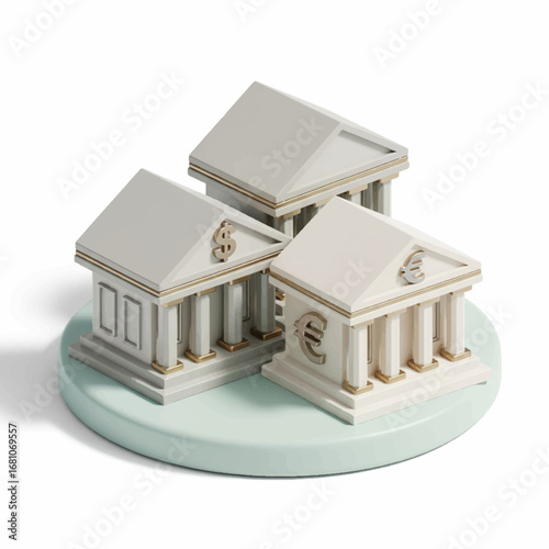 Financial Institutions: A trio of symbolic, classical building models, representing banking and financial institutions, each showcasing a unique currency symbol.