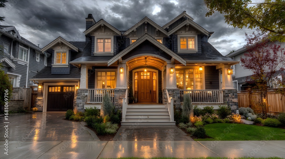 Fototapeta premium A beautiful craftsman style home glows warmly under a dramatically cloudy sky at twilight after the rain.