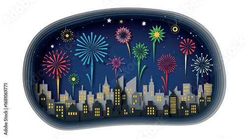 City skyline at night with colorful fireworks display, paper cut style illustration
