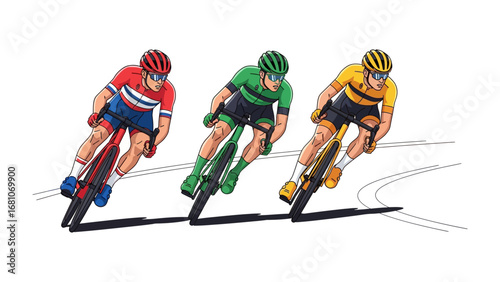 Riders' Race : Three determined cyclists in a high-octane, dynamic depiction of cycling competition. Each cyclist is locked in the moment, demonstrating intense competition.