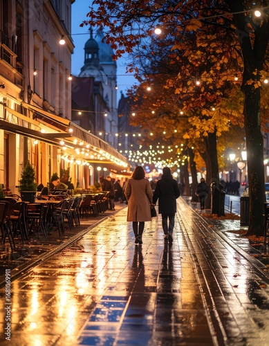 Street with warm lights and cafes in autumn evening, people walking in coats, reflections on wet pavement, cozy cinematic cityscape photo