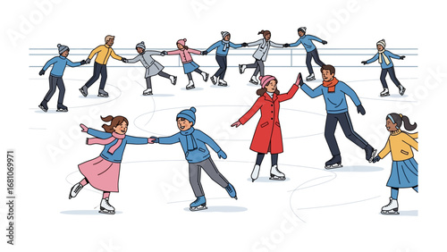 Joy on Ice: A collective of figures gracefully glide and link together, weaving patterns of celebration on an ice skating rink, evoking the exhilaration of wintertime and shared joy.
