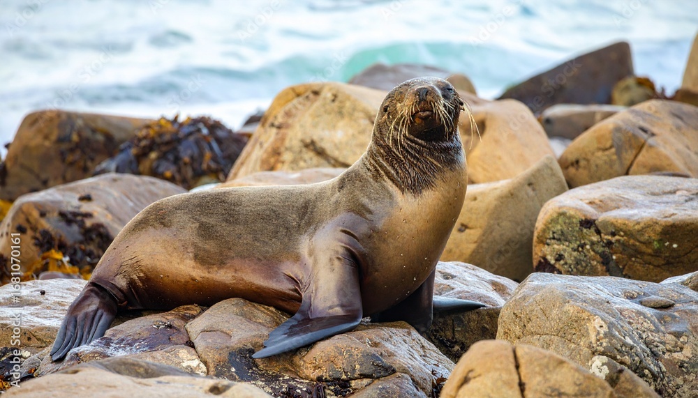 Obraz premium león marino descansando sobre unas rocas húmedas en la orilla del mar. Estilo fotografía documental de vida salvaje, enfoque nítido en el animal con todos sus detalles: piel brillante y húmeda.