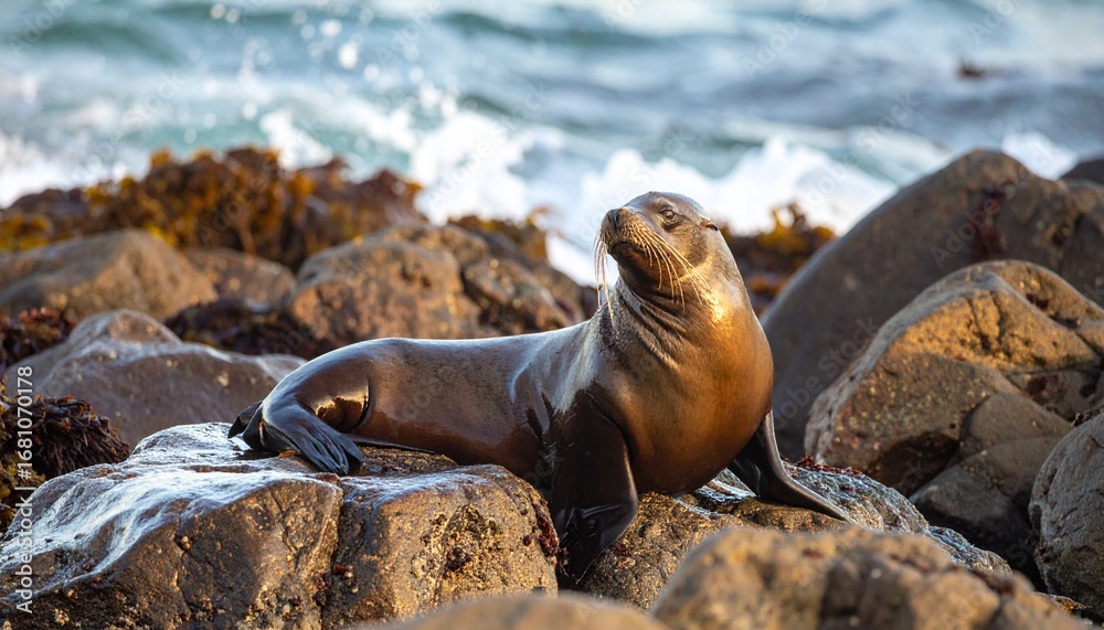 Fototapeta premium león marino descansando sobre unas rocas húmedas en la orilla del mar. Estilo fotografía documental de vida salvaje, enfoque nítido en el animal con todos sus detalles: piel brillante y húmeda.