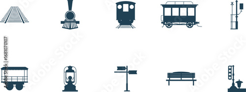 Vintage Railway Vector Icon Set. Retro Train, Locomotive, Carriage, and Station Elements Collection for Transportation Design.
